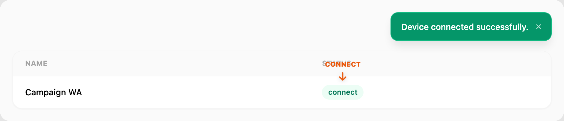 Step 5 — success toast and green connect status