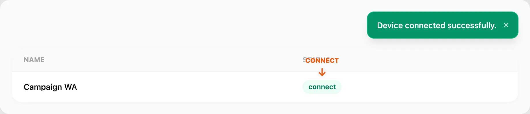 Step 5 — success toast and green connect status