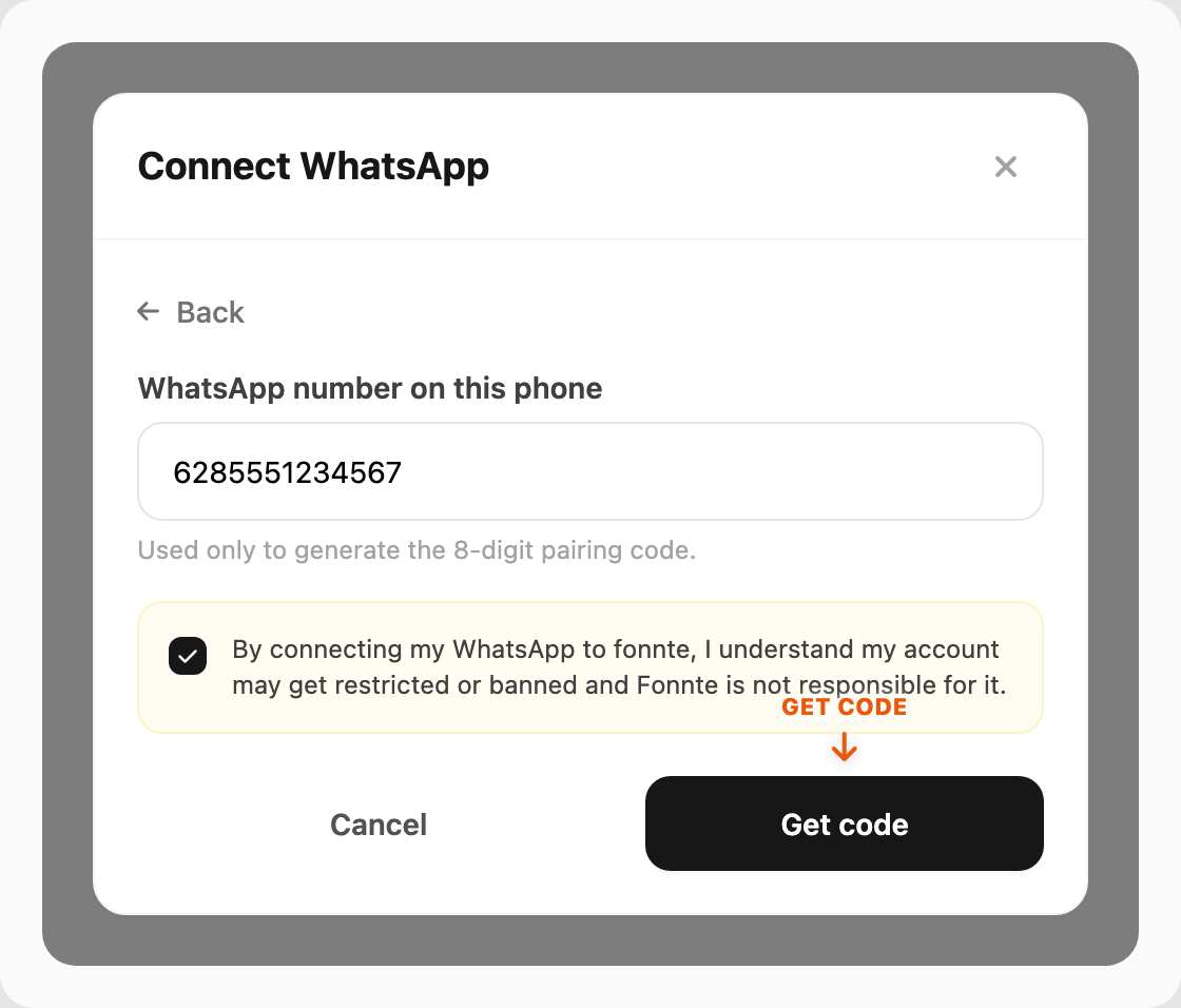 Code step — enter phone number and click Get code