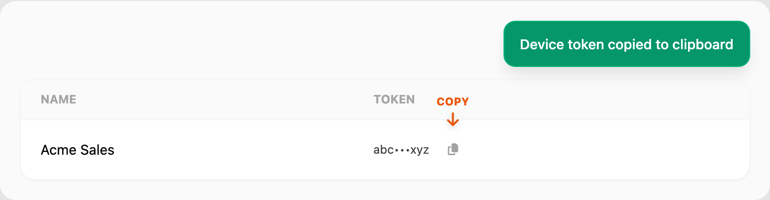 Copy token — click the icon in the Token column