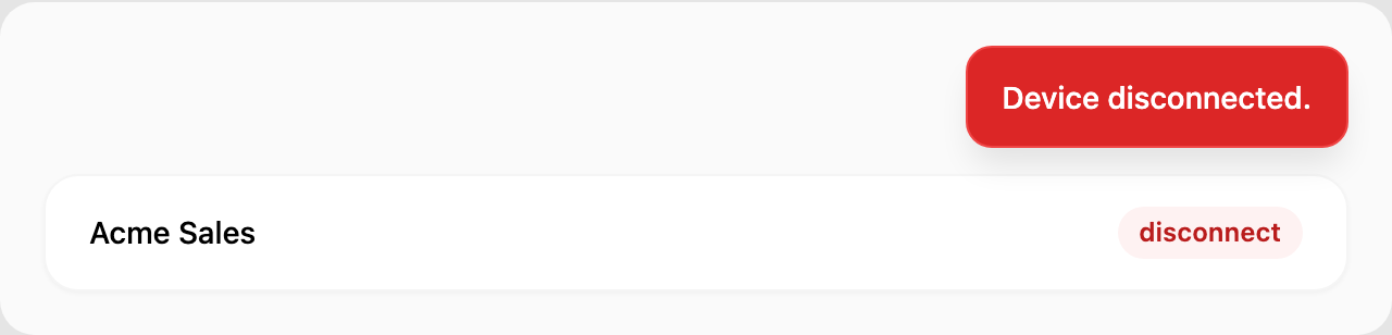 Disconnect — result toast and red disconnect status