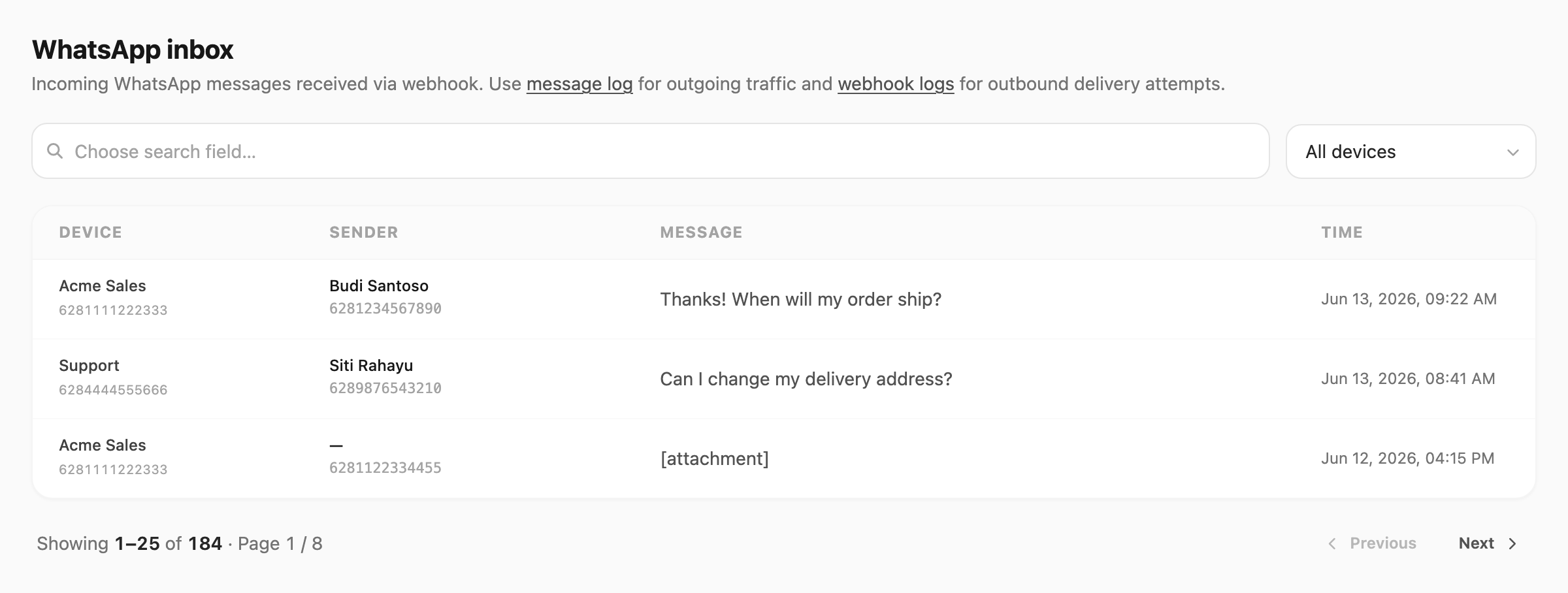 WhatsApp inbox — search, device filter, table, and pagination