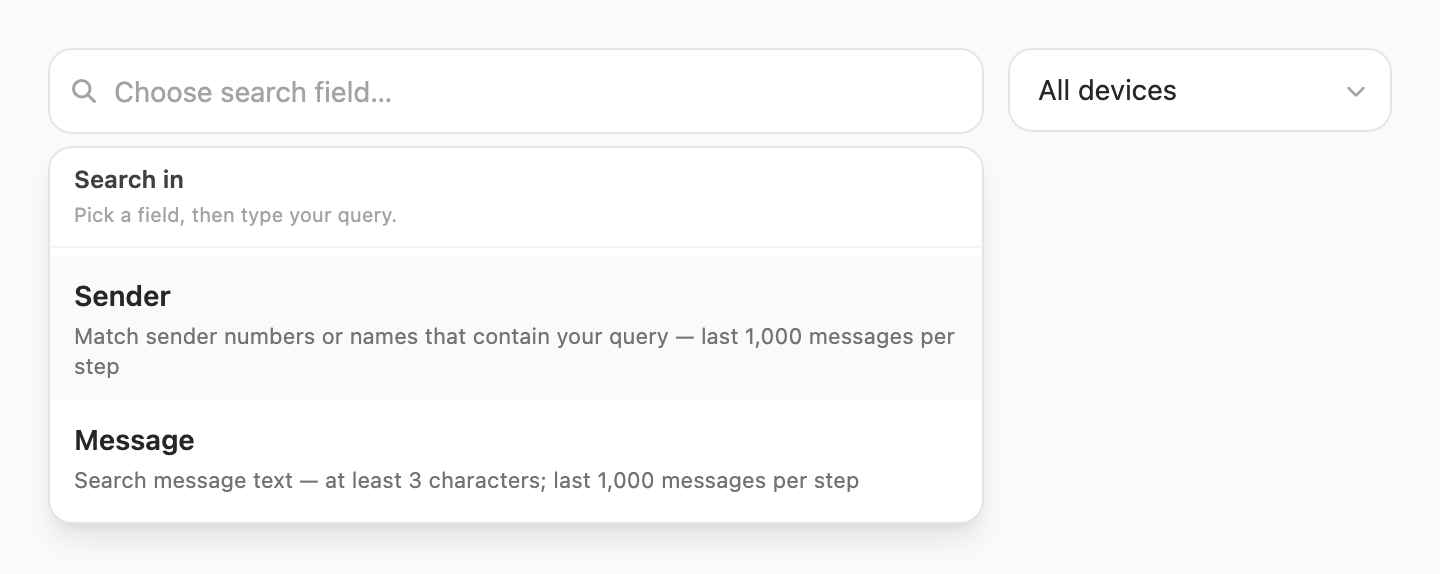 Search in popup — choose Sender or Message