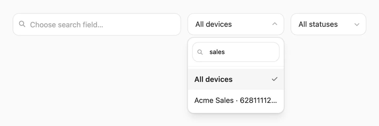 Device filter — searchable dropdown with device name and number