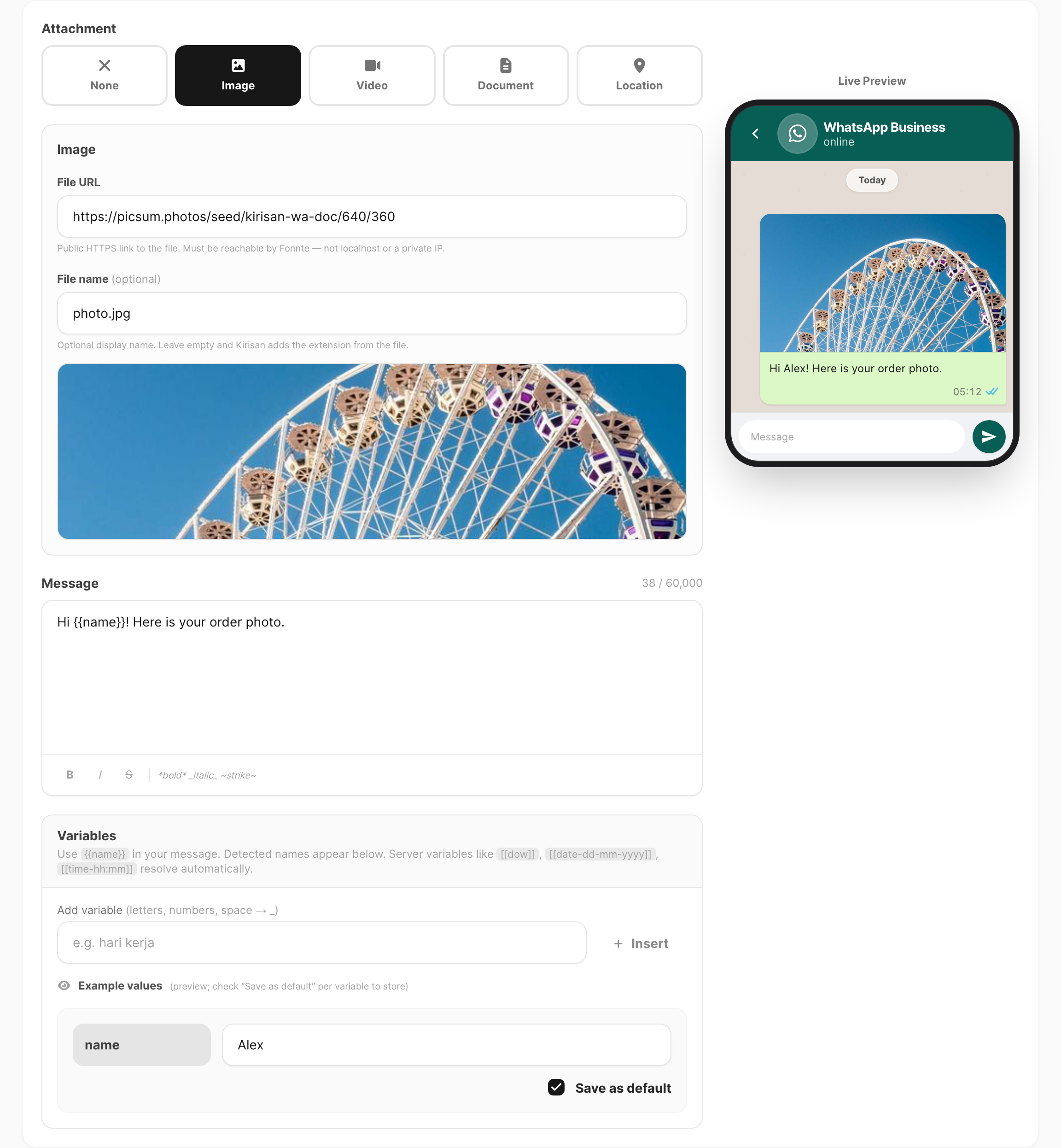 Template editor — attachment, file URL, caption, and live preview