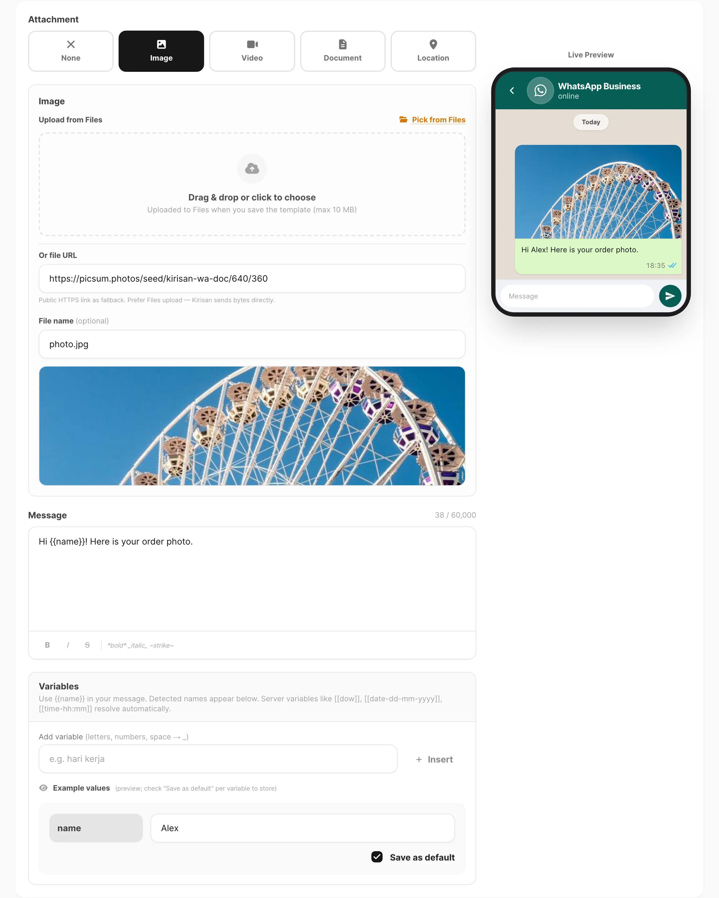 Template editor — attachment, file URL, caption, and live preview