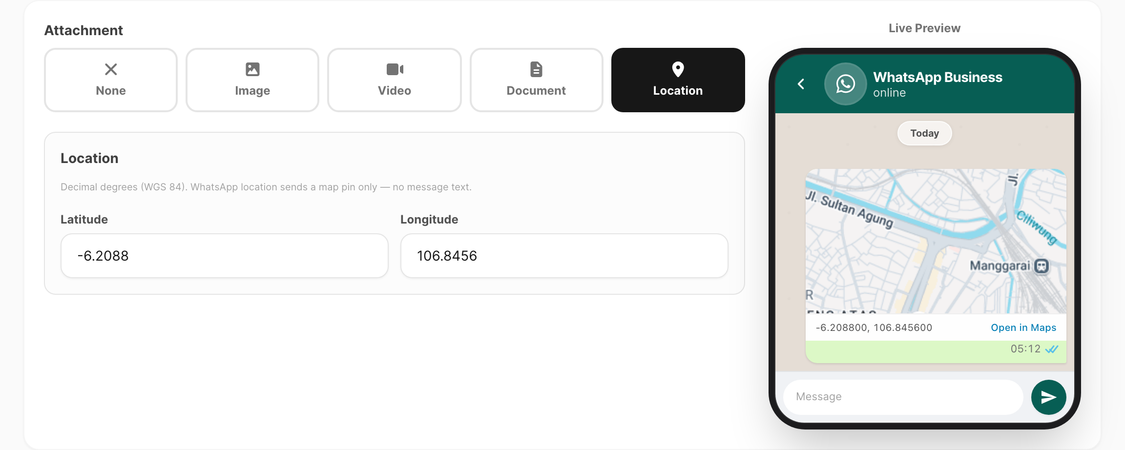 Template editor — location coordinates only, map pin in live preview