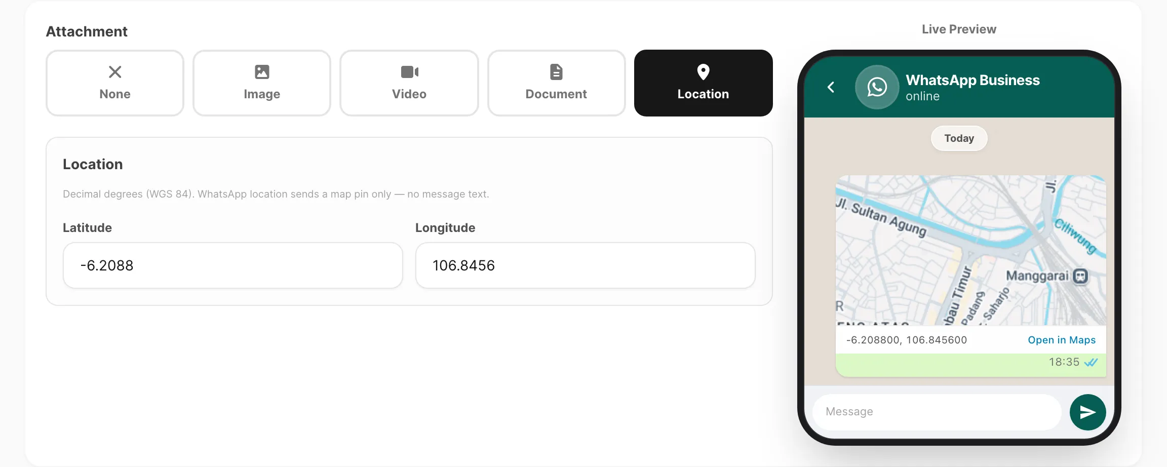 Template editor — location coordinates only, map pin in live preview