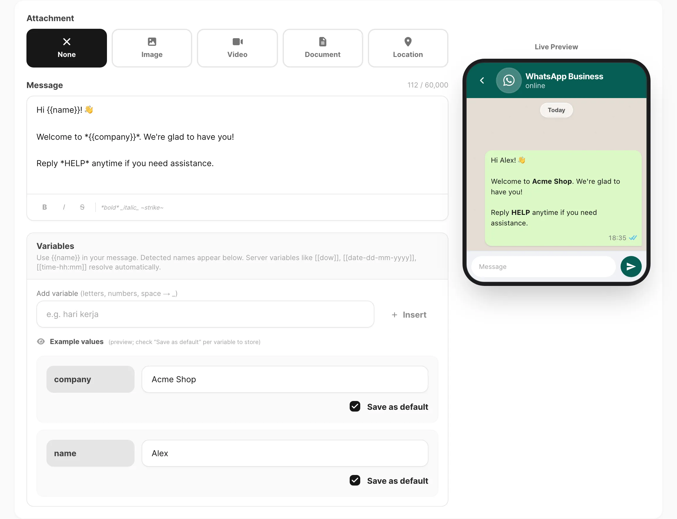 Template editor — text message, formatting toolbar, and variables