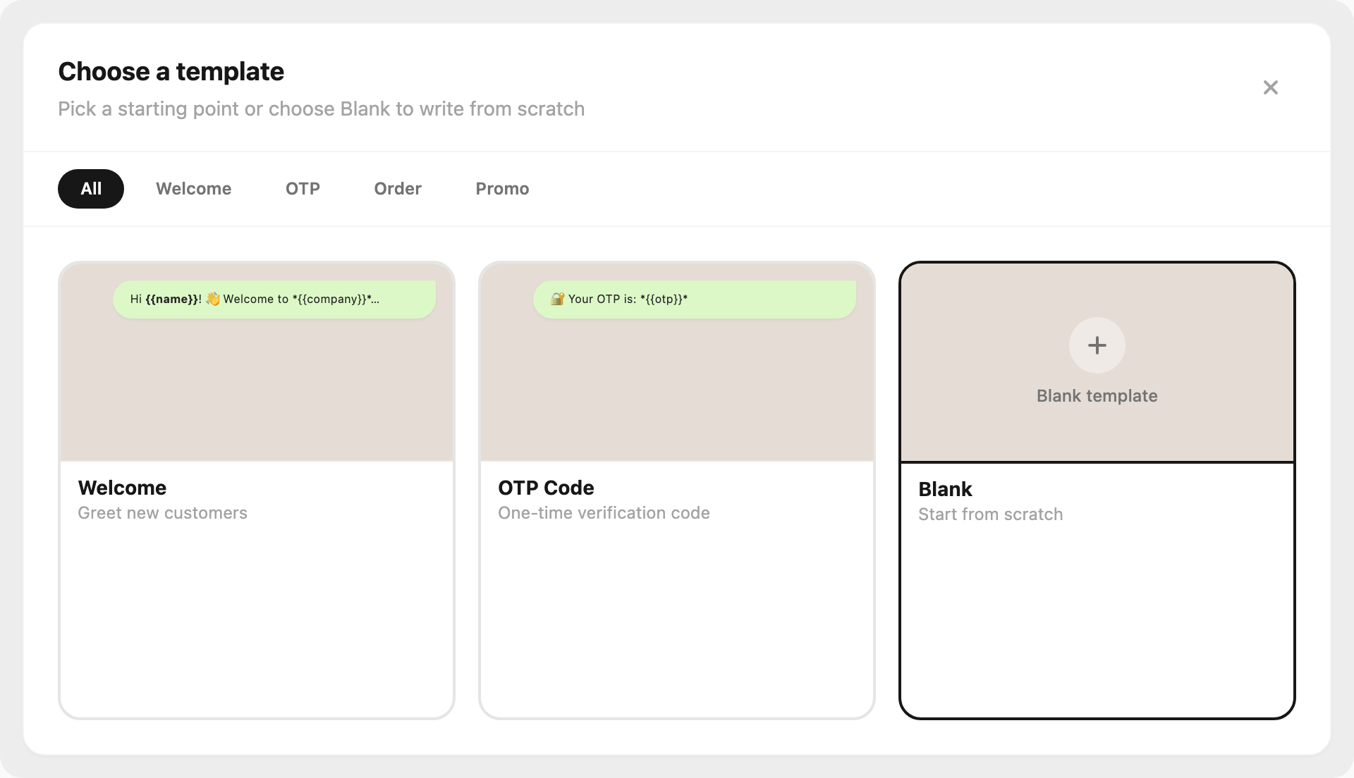 Choose a template — category tabs and WhatsApp bubble previews