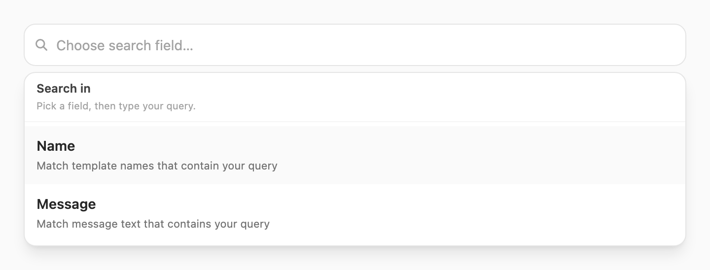 Search in popup — choose Name or Message
