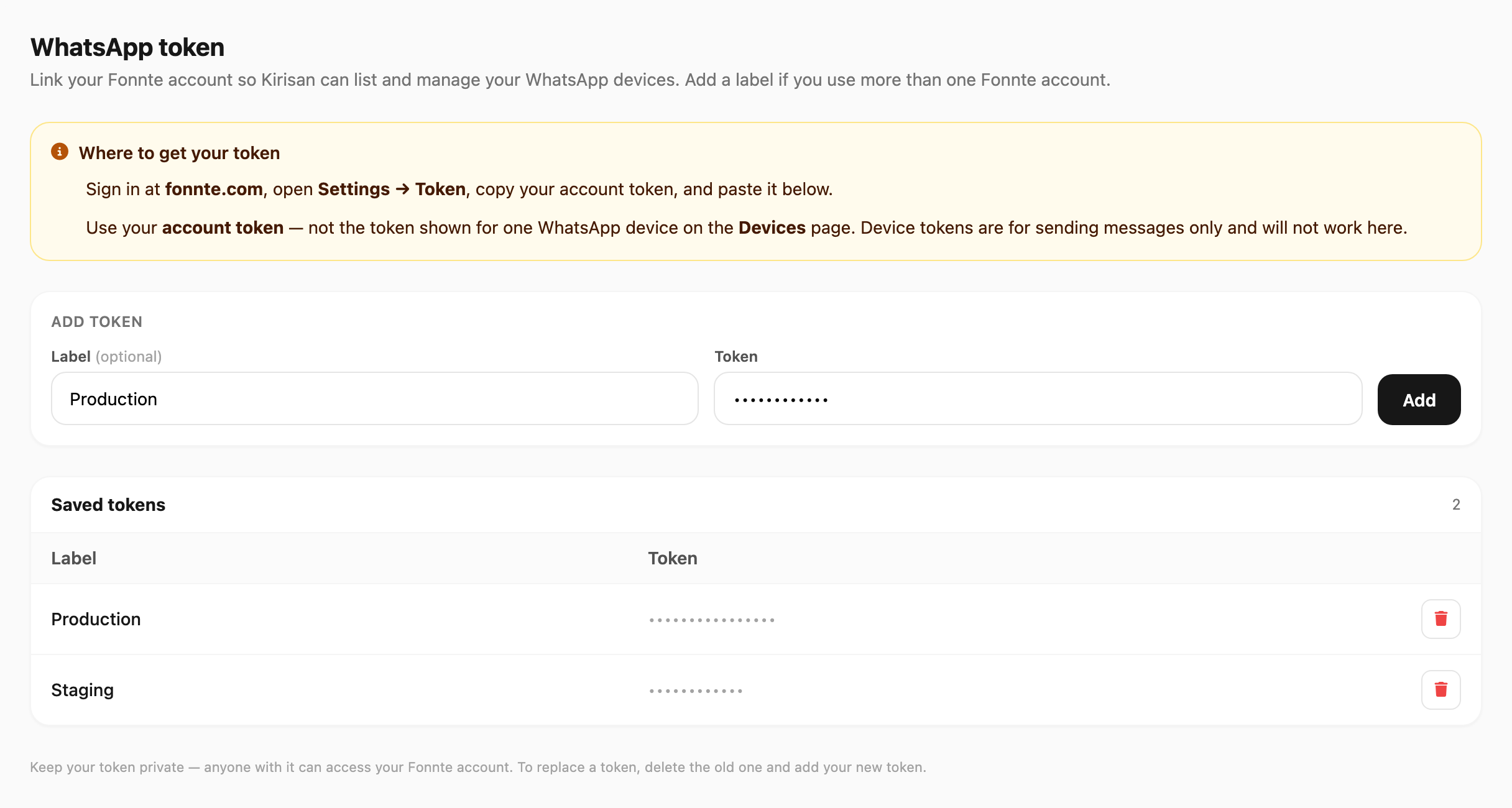 WhatsApp token page — notice, add form, and saved tokens list
