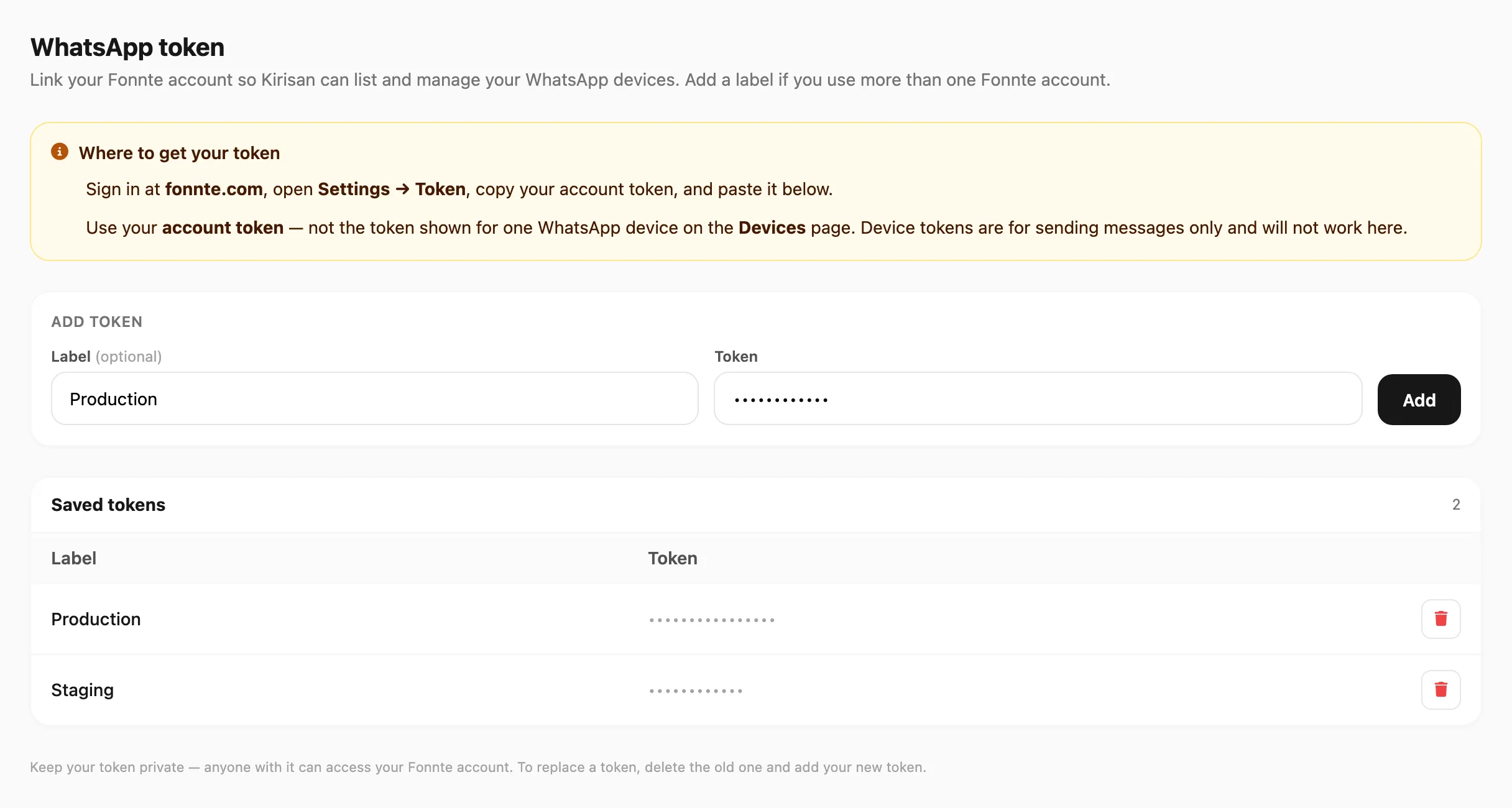 WhatsApp token page — notice, add form, and saved tokens list