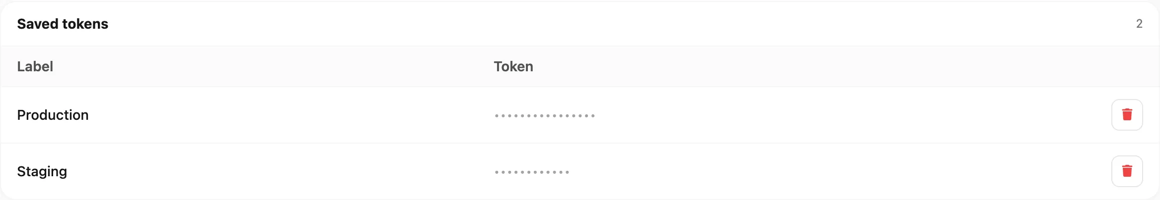 Saved tokens table — label, masked token, and delete action