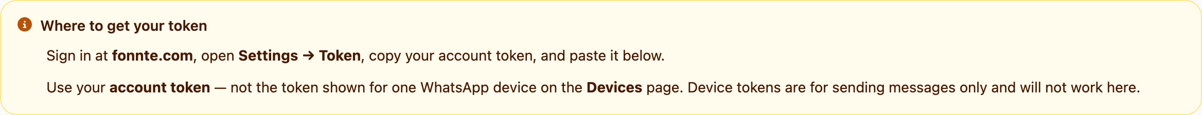 Fonnte account token notice — where to copy from Fonnte and what not to paste